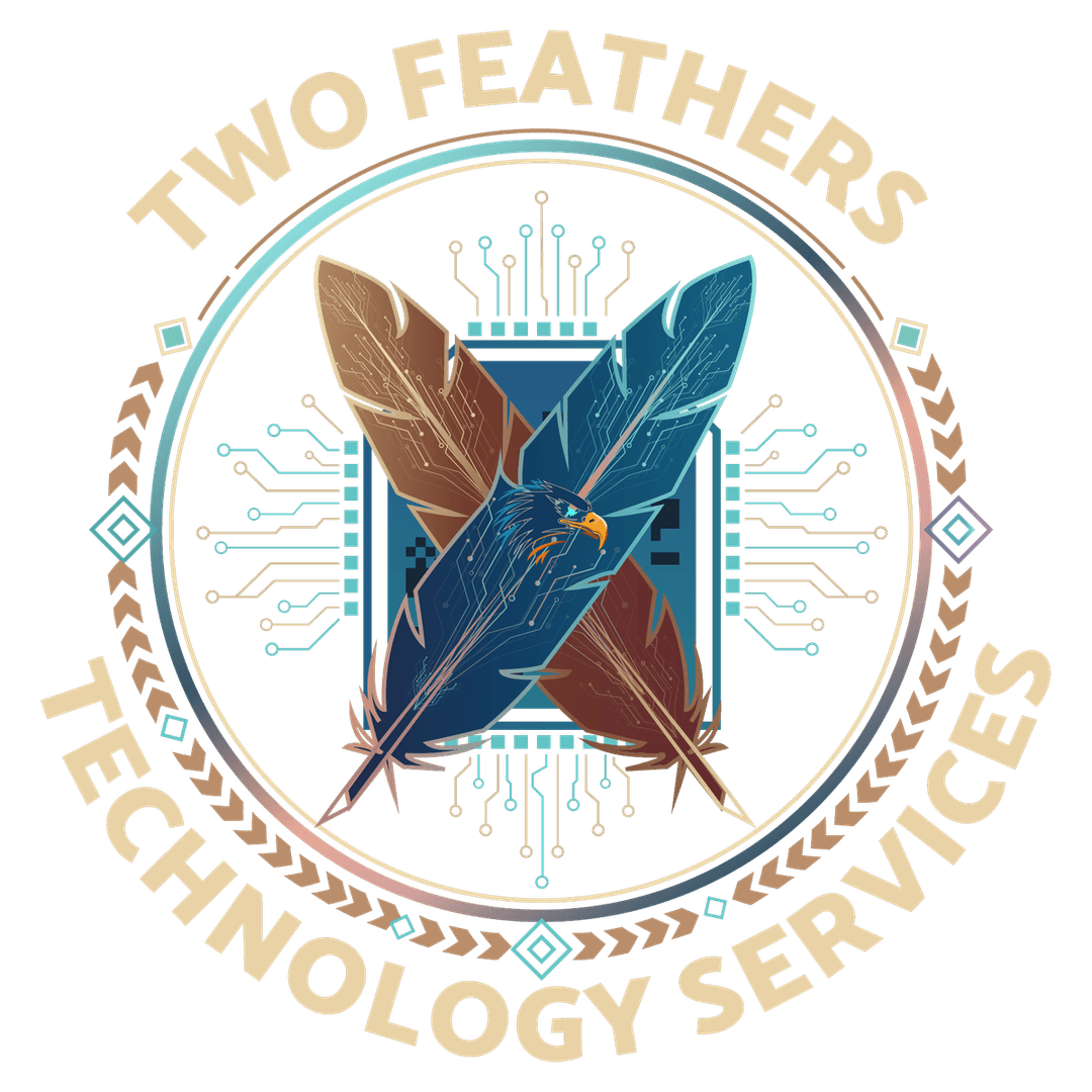 Two Feathers Technology Services brand badge — two crossed feathers over a circuit board