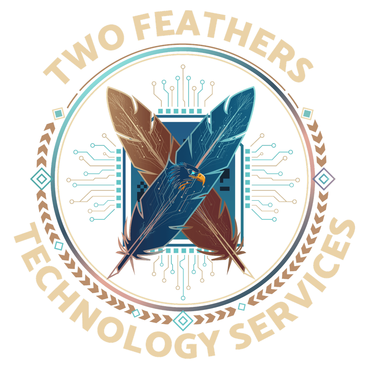 Two Feathers Technology Services brand badge — two crossed feathers over a circuit board